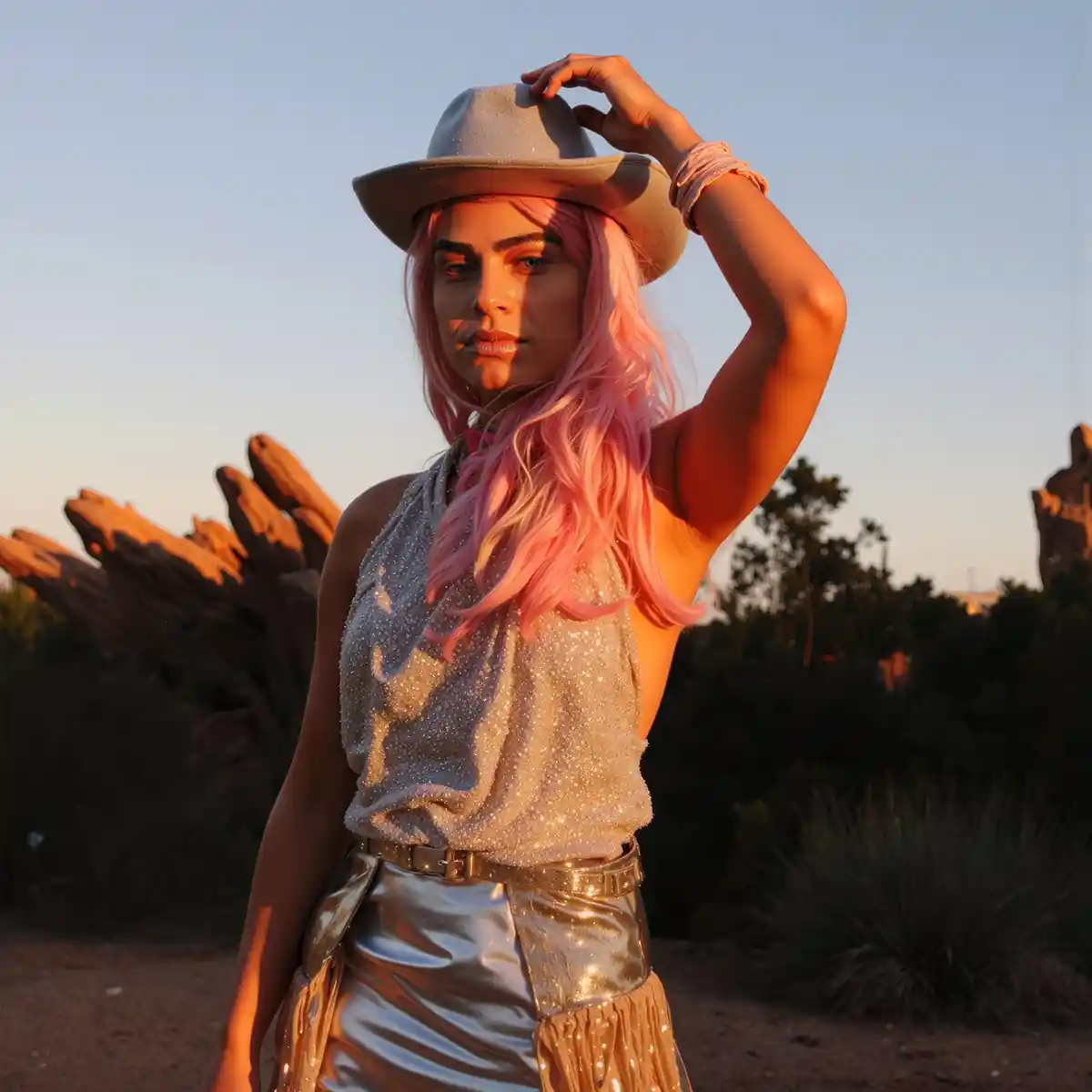 Neon-trimmed western wear with cosmic flair